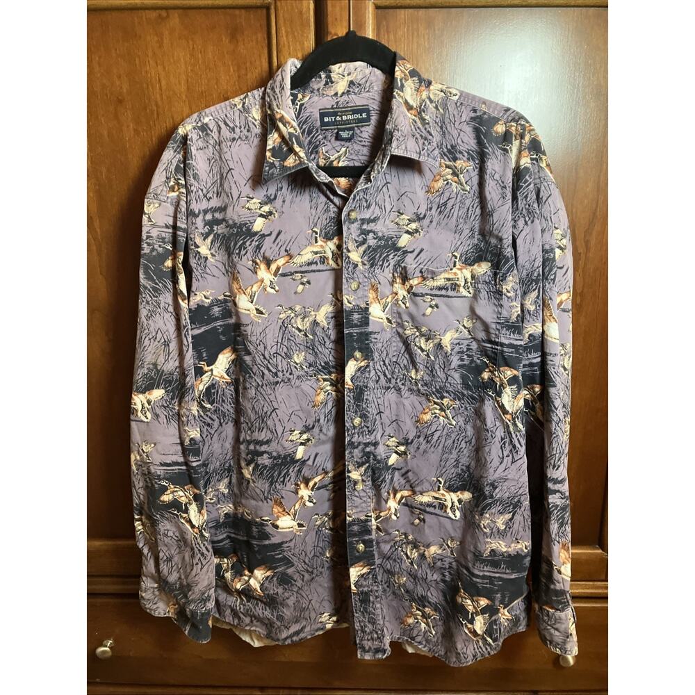 Bit & Bridle Mens Mallard‎ Duck Print Cotton Button Down Shirt Purple Large L